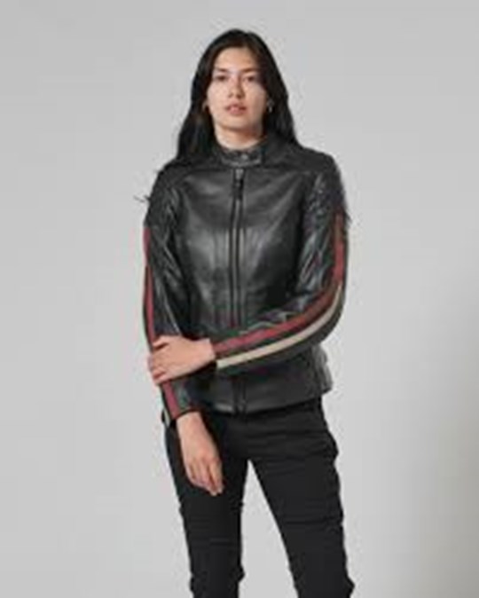 GIACCA PELLE DONNA NERA CON STRISCE ROSSE 